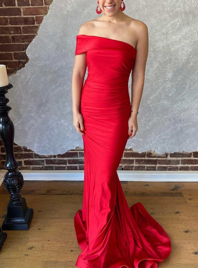 Elegant Red One-Shoulder Mermaid Long Formal Prom Dress