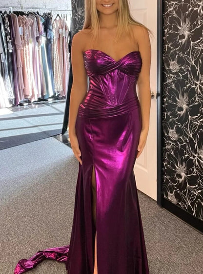 Magenta Strapless Mermaid Long Formal Prom Dress with Slit