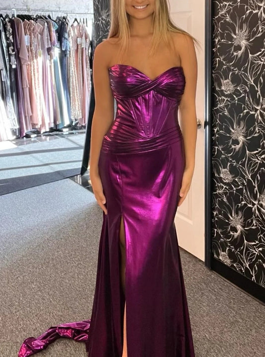 Magenta Strapless Mermaid Long Formal Prom Dress with Slit