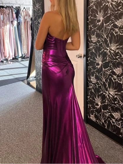 Magenta Strapless Mermaid Long Formal Prom Dress with Slit