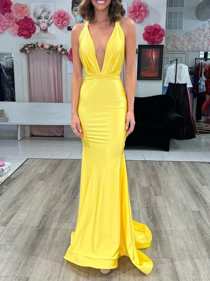 Yellow Halter Tie-Back Trumpet Long Prom Gown