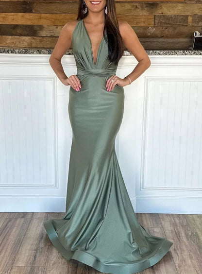Yellow Halter Tie-Back Trumpet Long Prom Gown