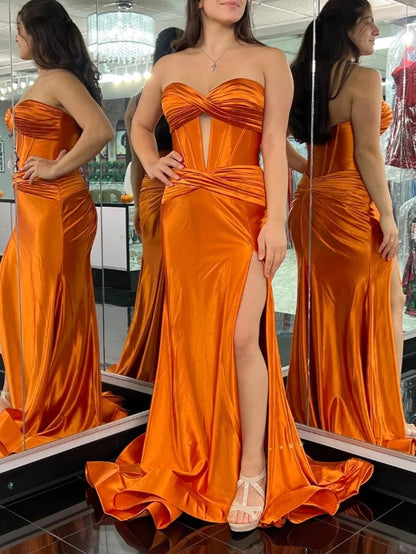 Black Strapless Keyhole Mermaid Long Formal Prom Dress with Slit