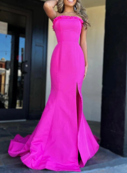 Sexy Aqua Blue Strapless Ruffle Trumpet Long Prom Dress with Slit