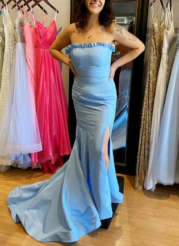 Sexy Aqua Blue Strapless Ruffle Trumpet Long Prom Dress with Slit