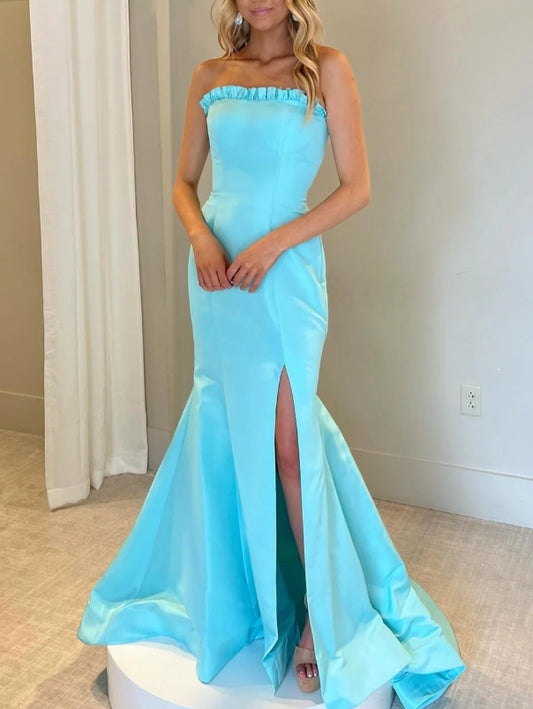 Sexy Aqua Blue Strapless Ruffle Trumpet Long Prom Dress with Slit