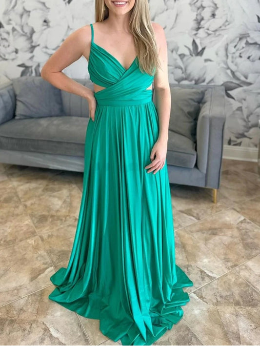Green Spaghetti Strap Cutout A-Line Long Formal Prom Dress