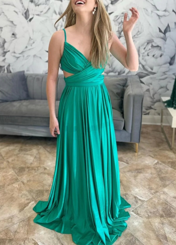 Green Spaghetti Strap Cutout A-Line Long Formal Prom Dress