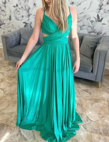 Green Spaghetti Strap Cutout A-Line Long Formal Prom Dress
