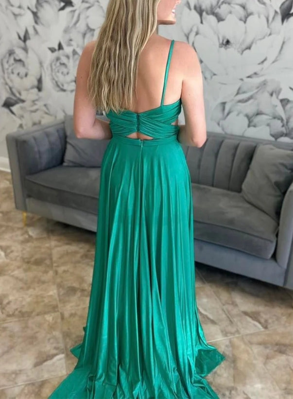 Green Spaghetti Strap Cutout A-Line Long Formal Prom Dress