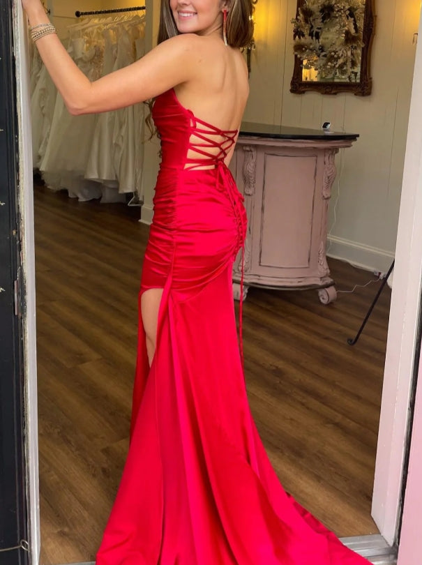 Red Strapless Lace-Up Ruched Mermaid Long Formal Prom Dress with Slit
