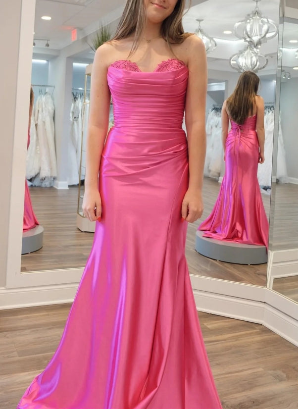 Hot Pink Strapless Lace-Up Trumpet Pleated Long Formal Prom Dress