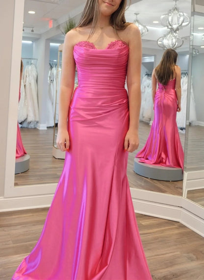 Hot Pink Strapless Lace-Up Trumpet Pleated Long Formal Prom Dress