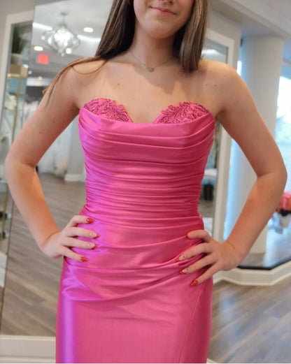 Hot Pink Strapless Lace-Up Trumpet Pleated Long Formal Prom Dress