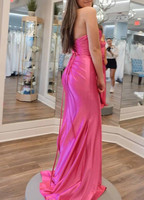 Hot Pink Strapless Lace-Up Trumpet Pleated Long Formal Prom Dress