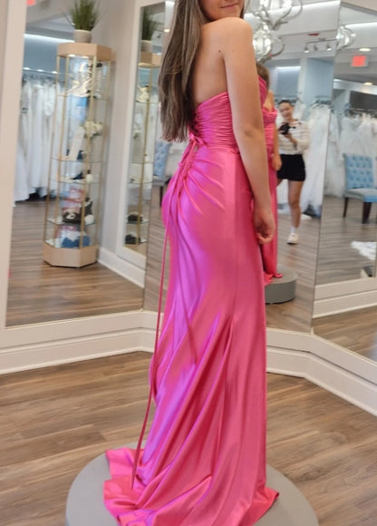 Hot Pink Strapless Lace-Up Trumpet Pleated Long Formal Prom Dress