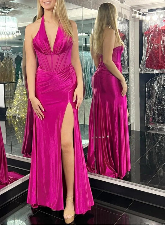 Magenta Halter Sheer Bodice Pleated Gown with Slit