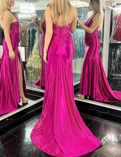 Magenta Halter Sheer Bodice Pleated Gown with Slit