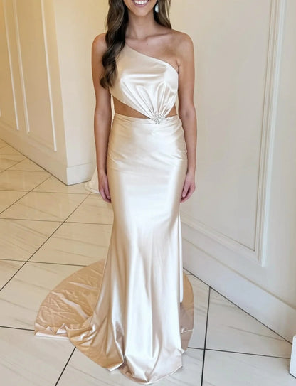 One-Shoulder Champagne Cutout Mermaid Long Formal Prom Dress