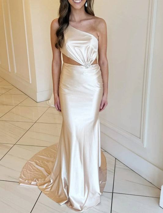 One-Shoulder Champagne Cutout Mermaid Long Formal Prom Dress