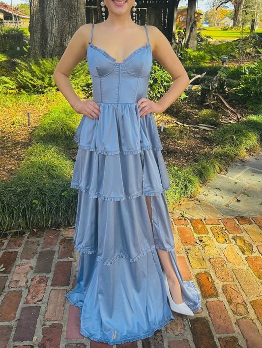 Periwinkle Corset Multi-Layer Ruffle Long Prom Dress