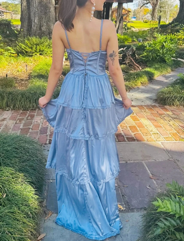 Periwinkle Corset Multi-Layer Ruffle Long Prom Dress
