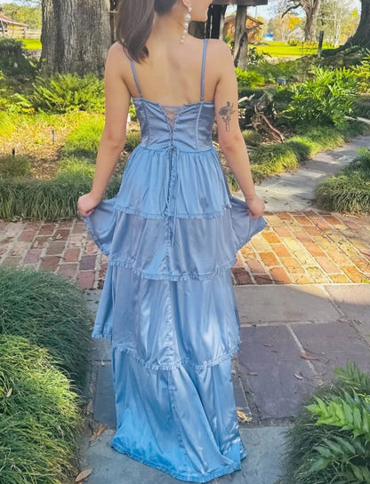 Periwinkle Corset Multi-Layer Ruffle Long Prom Dress