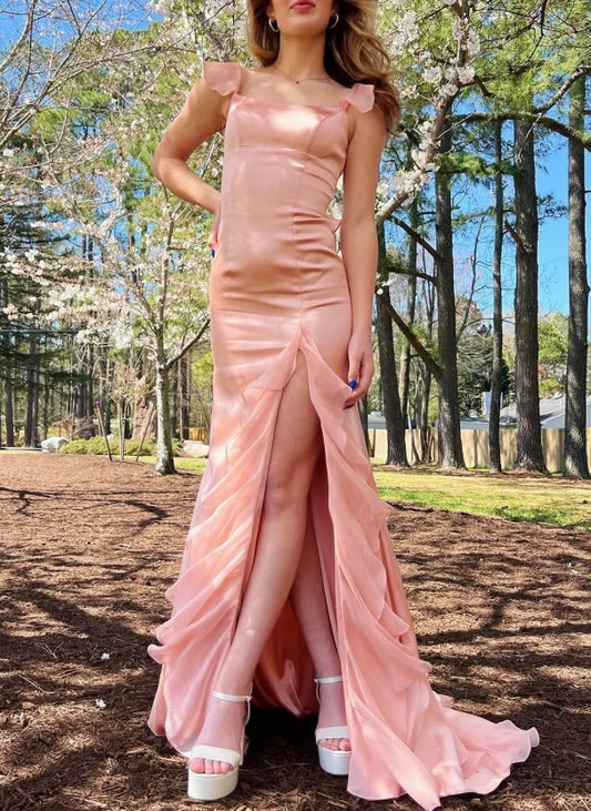 Pink Ruffle Lace-Up Long Prom Dress with Slit