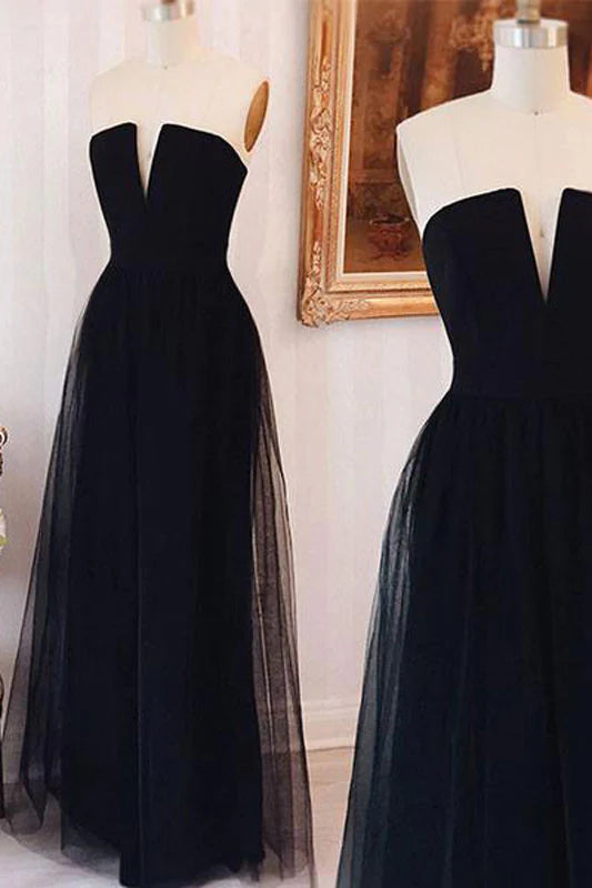 Simple Tulle Black Long Prom Dress Black Evening Dress