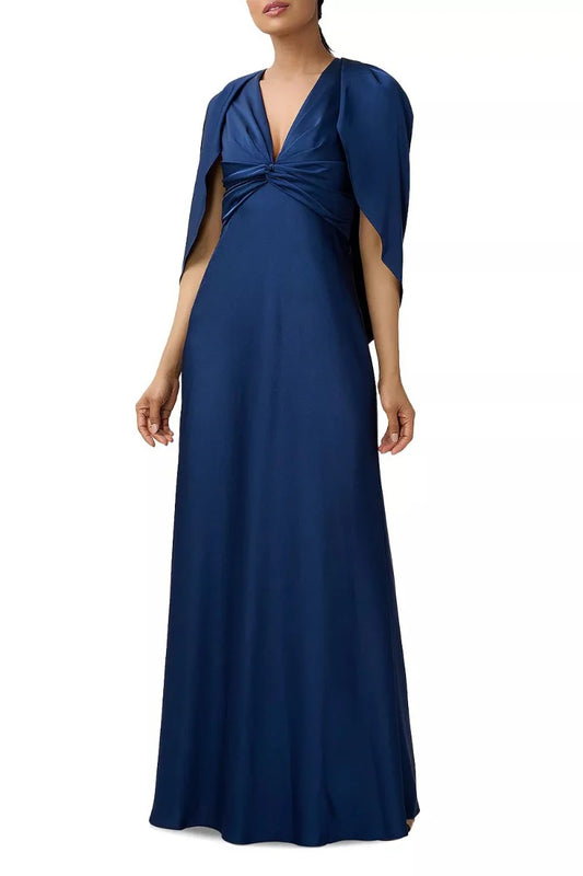V-Neck Draped Sleeve Ruched Front Zipper Back Solid Satin Mother of the Bride Dresses