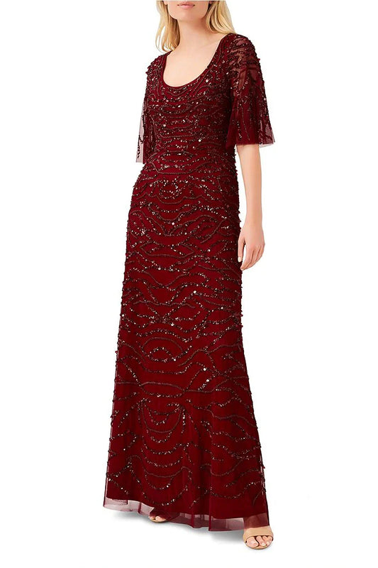 Scoop Neck Short Sleeves Back Zipper Long Beaded Mother of the Bride Dresses