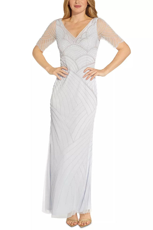 V-Neck Short Sleeve Beaded Zipper Back Mother of the Bride Dresses