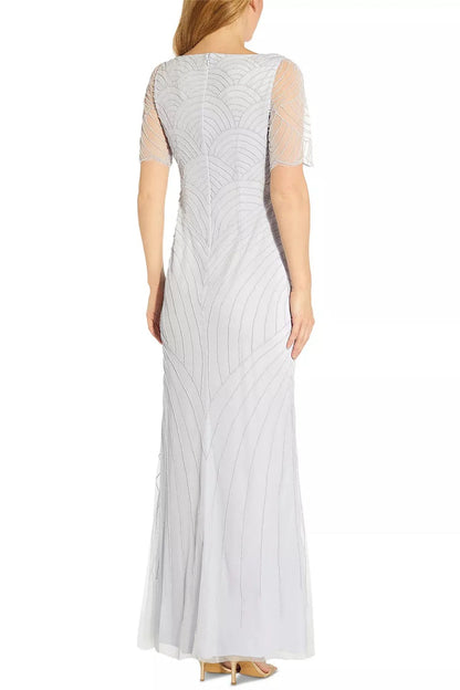 V-Neck Short Sleeve Beaded Zipper Back Mother of the Bride Dresses