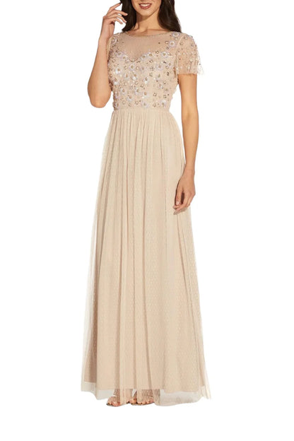 Adrianna Papell Boat Neck Short Sleeve Illusion Embellished Bodice Zipper Back Mesh Gown