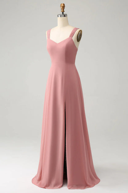A Line Spaghetti Straps Pleated Long Bridesmaid Dress with Slit