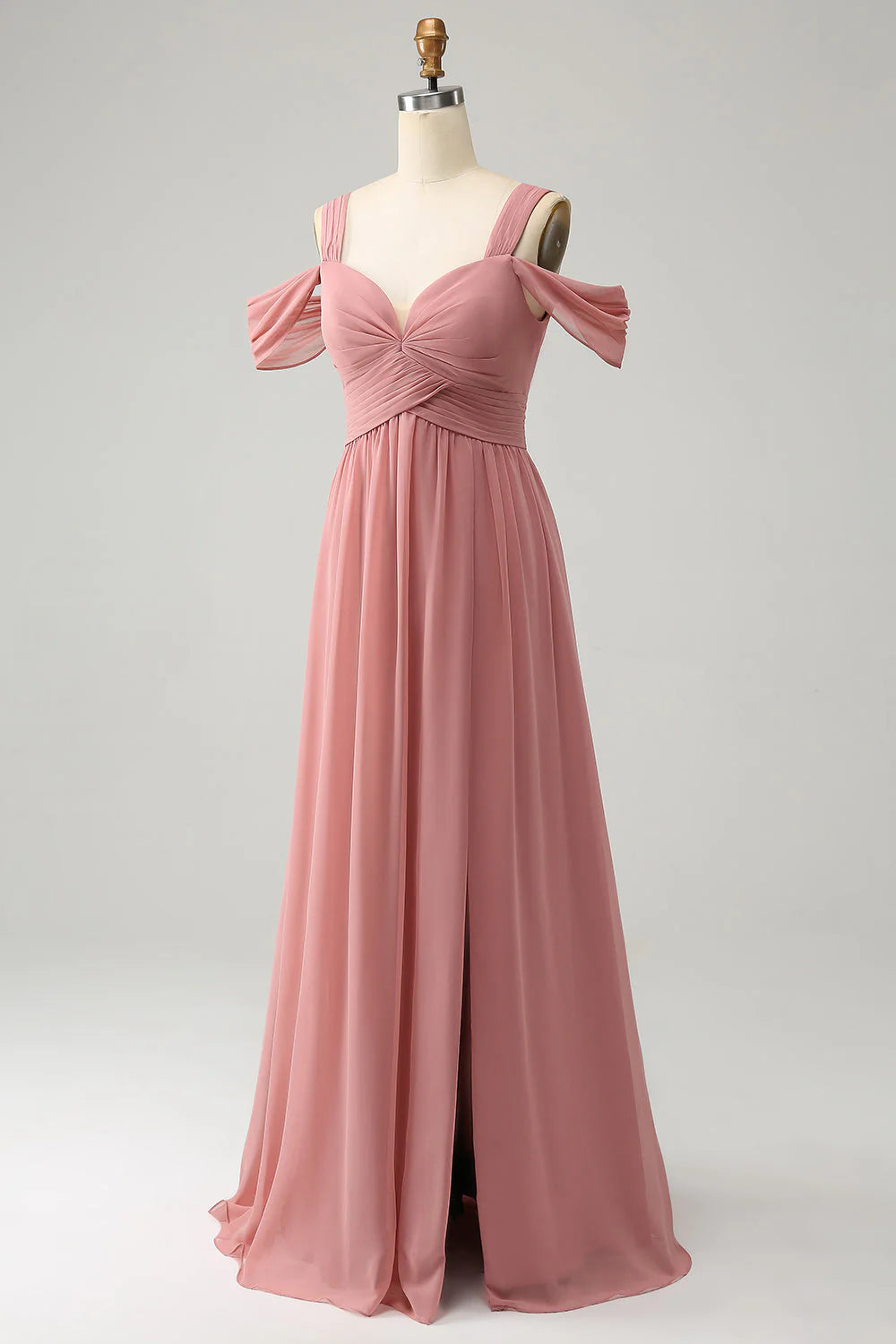 A Line Spaghetti Straps Pleated Chiffon Long Bridesmaid Dress with Slit