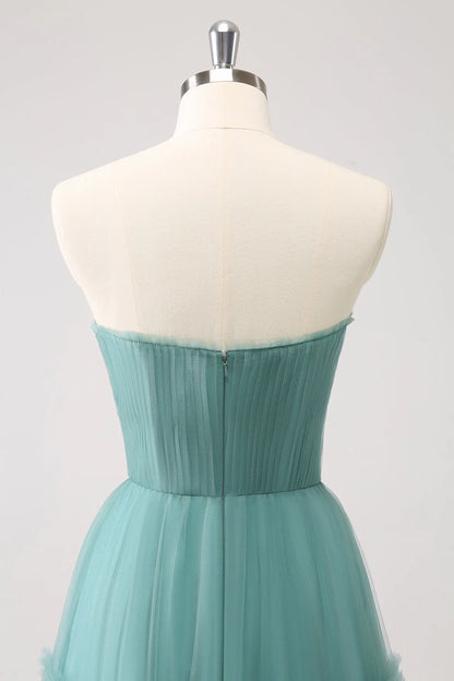 A Line Strapless Corset Tulle Long Bridesmaid Dress