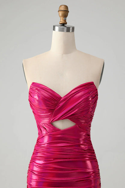 Strapless Keyhole Pleated Fuchsia Tight Metallic Homecoming Dress