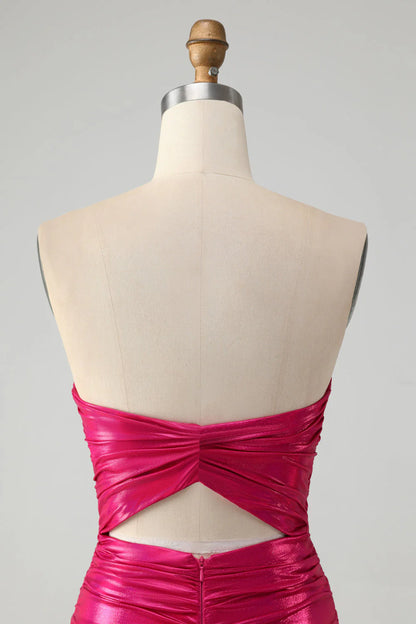 Strapless Keyhole Pleated Fuchsia Tight Metallic Homecoming Dress