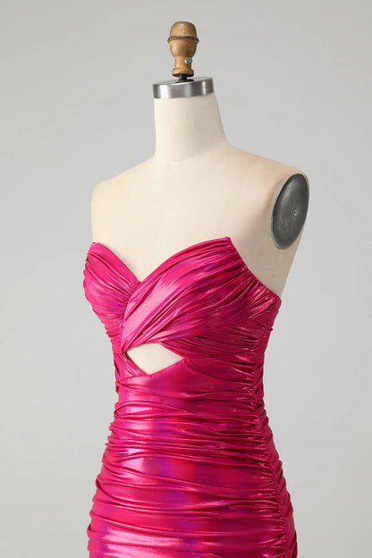 Strapless Keyhole Pleated Fuchsia Tight Metallic Homecoming Dress