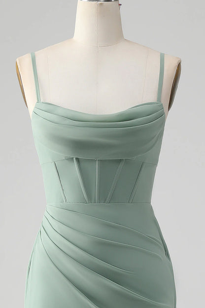 Mermaid Spaghetti Straps Corset Long Bridesmaid Dress with Slit