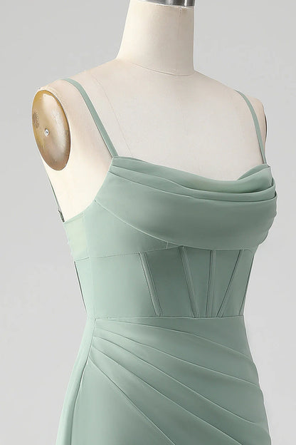 Mermaid Spaghetti Straps Corset Long Bridesmaid Dress with Slit