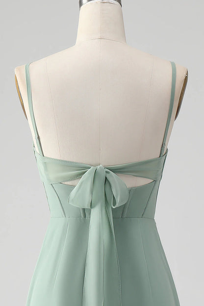 Mermaid Spaghetti Straps Corset Long Bridesmaid Dress with Slit