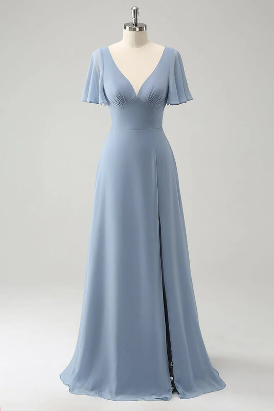 A Line Puff Chiffon Long Bridesmaid Dress with Hollow Out Back