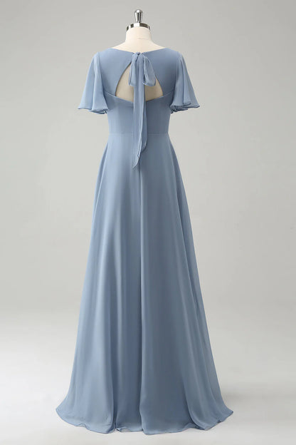 A Line Puff Chiffon Long Bridesmaid Dress with Hollow Out Back