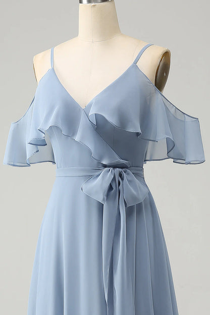 A Line Spaghetti Straps Chiffon Long Bridesmaid Dress with Slit