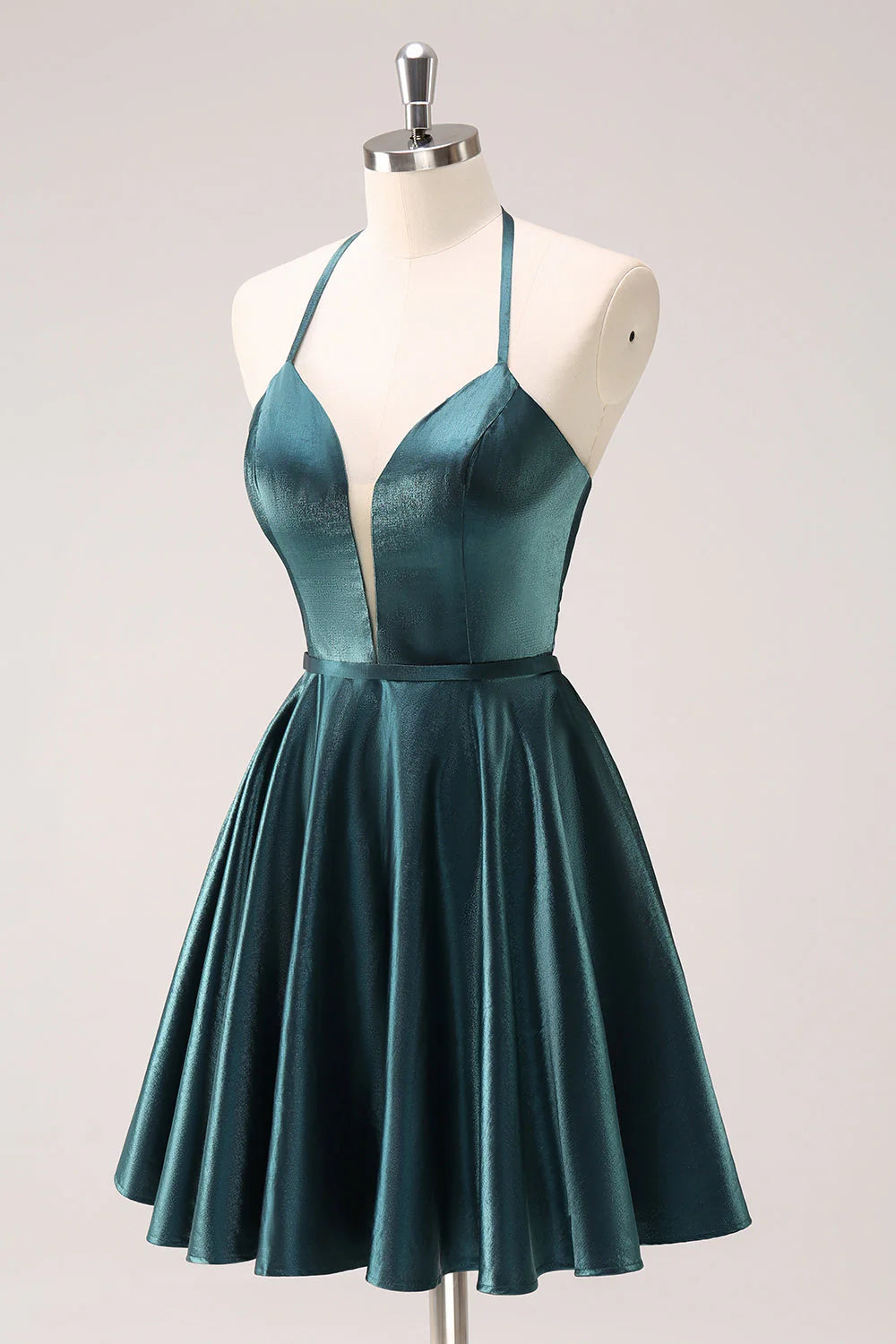 Peacock Blue A-Line Halter Short Metallic Homecoming Dress