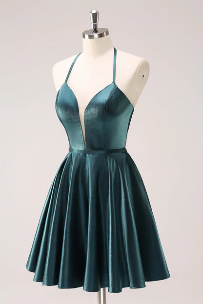 Peacock Blue A-Line Halter Short Metallic Homecoming Dress