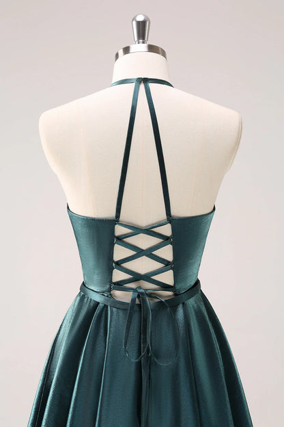 Peacock Blue A-Line Halter Short Metallic Homecoming Dress