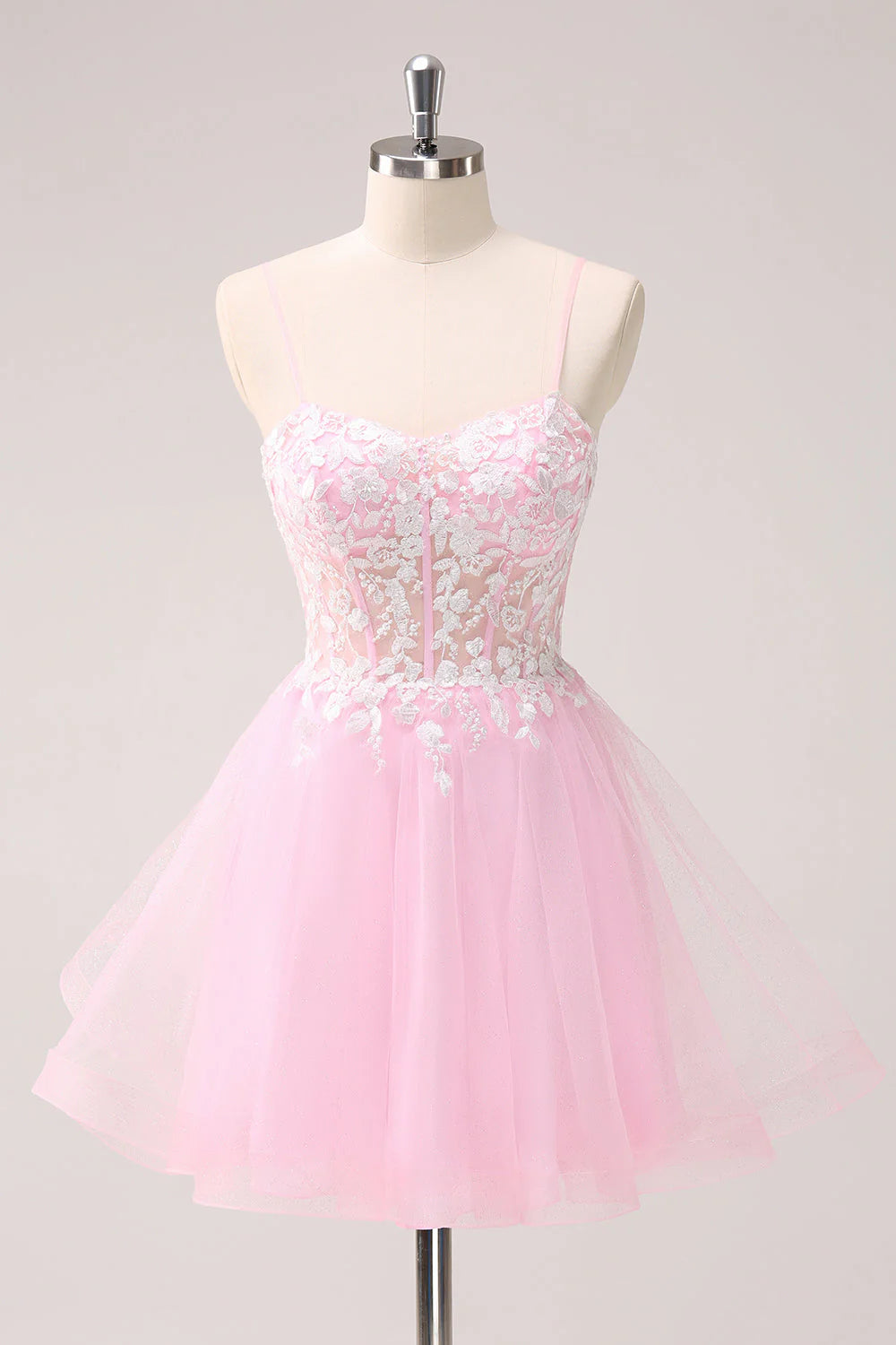 Pink A Line Spaghetti Straps Tulle Corset Homecoming Dress